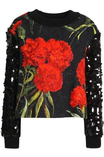 Shop Dolce & Gabbana Woman Sequin-embellished Floral-print Jacquard Sweatshirt Black