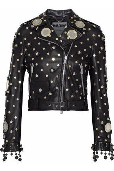 Shop Moschino Woman Embellished Leather Biker Jacket Black