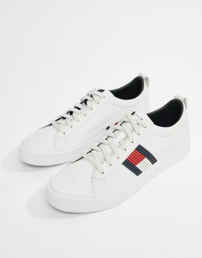 Tommy Hilfiger Flag Detail Leather Sneaker In White - White | ModeSens