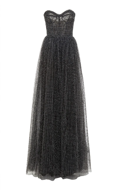 Shop Monique Lhuillier Strapless Flocked Tulle Gown In Black