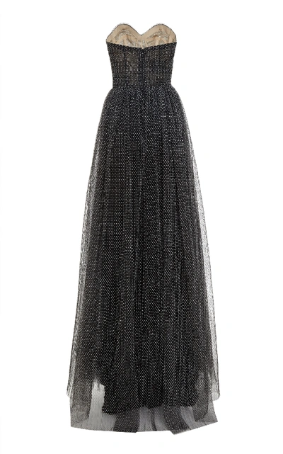 Shop Monique Lhuillier Strapless Flocked Tulle Gown In Black