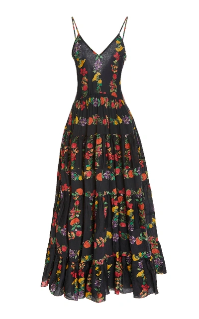 Shop Carolina K Marieta Tiered Floral Cotton-blend Maxi Dress In Black