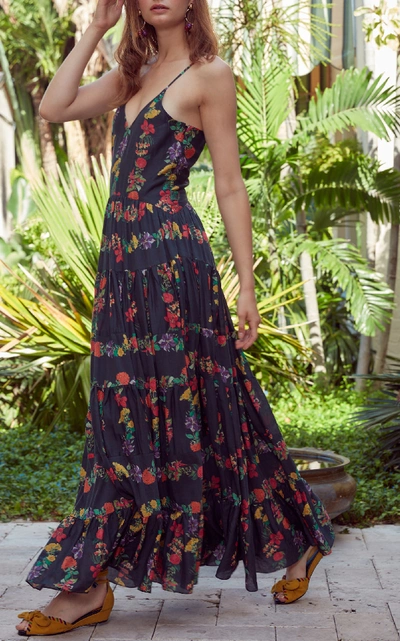 Shop Carolina K Marieta Tiered Floral Cotton-blend Maxi Dress In Black