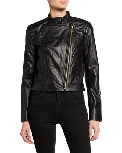 Shop Michael Michael Kors Leather Moto Jacket In Black