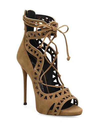 Shop Giuseppe Zanotti Laser-cut Suede Lace-up Sandals In Brown