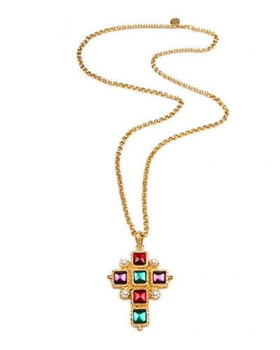 Shop Ben-amun Cross Pendant Necklace W/ Square Stones In Gold