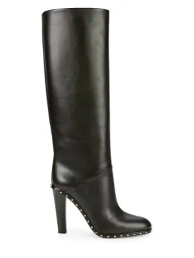 Shop Valentino Rockstud Leather Knee-high Boots In Blush