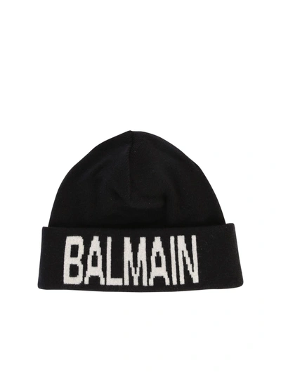 Shop Balmain Black Branded Beanie