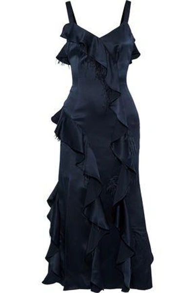 Shop Cinq À Sept Gigi Feather-trimmed Ruffled Silk-satin Midi Dress In Navy