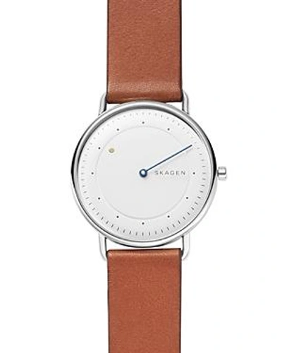 Shop Skagen Disc Brown Leather Strap Watch, 40mm In White/tan