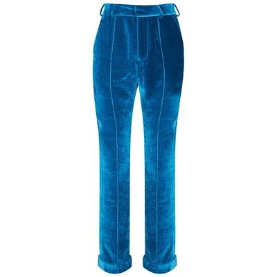 Shop De La Vali Tiger Lily Cropped Velvet Trousers In Blue