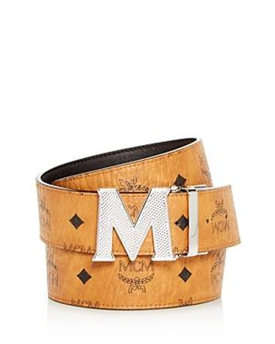 Shop Mcm Visetos Engraved Logo Buckle Reversible Belt In Cognac