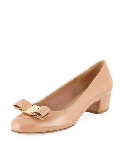 Shop Ferragamo Shiny Vara Low-heel Pumps In Beige