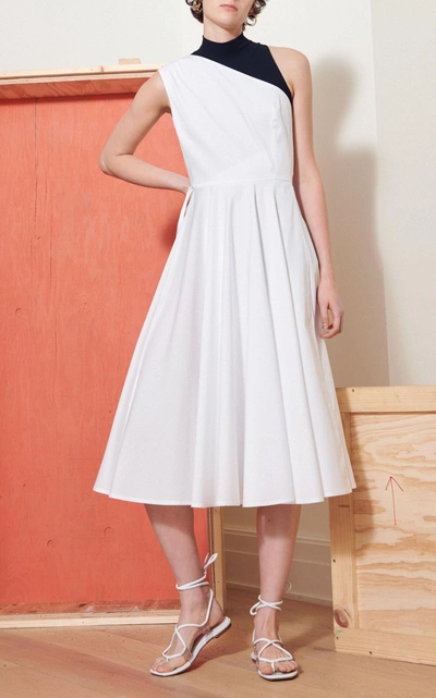 Shop Rosetta Getty One-shoulder Pleated Cotton-poplin Midi Dress In White