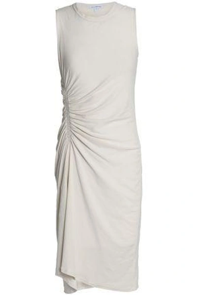 Shop James Perse Ruched Cotton-jersey Dress In Off-white