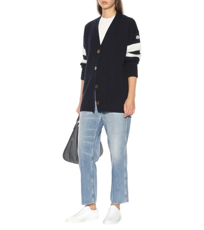 Shop Moncler Wool And Cashmere Cardigan In Blue