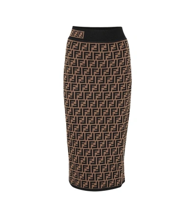 Shop Fendi Intarsia Stretch-knit Pencil Skirt In Brown