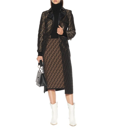 Shop Fendi Intarsia Stretch-knit Pencil Skirt In Brown