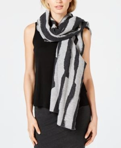 Shop Eileen Fisher Recycled Cotton Printed Fringe-trim Scarf In Charcoal