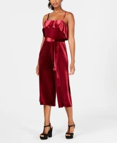 Shop Avec Les Filles Velvet Ruffled Jumpsuit In Red