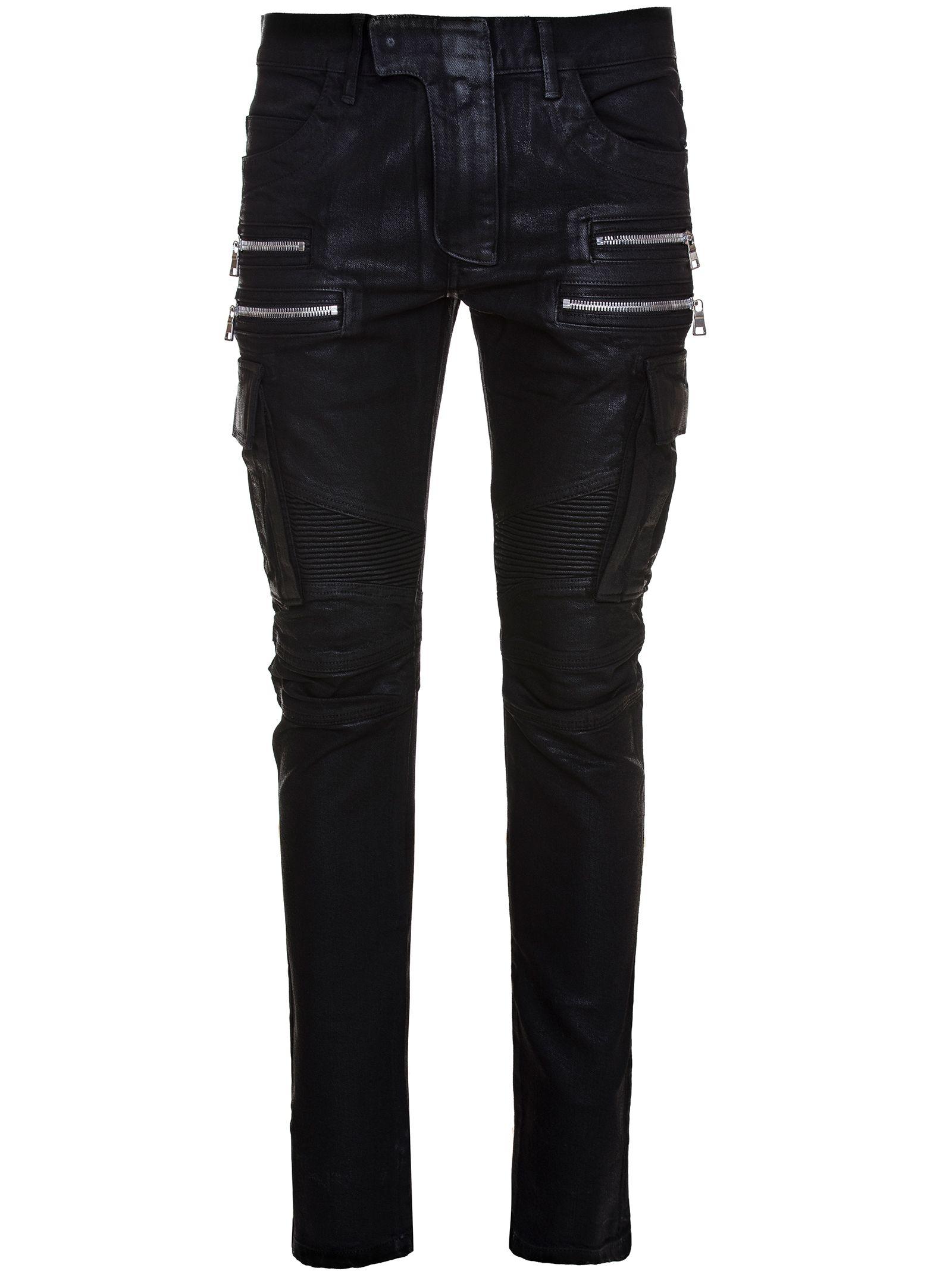 balmain waxed biker jeans