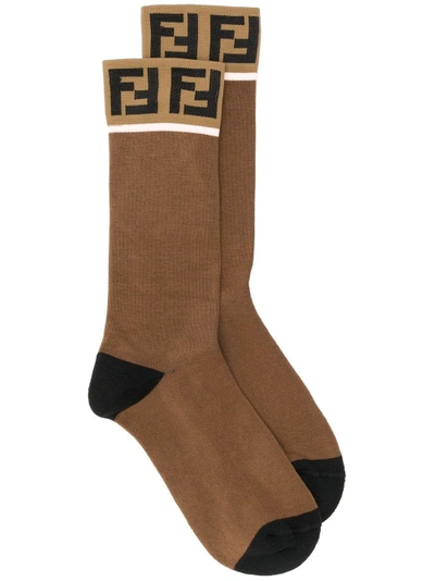 Shop Fendi Ff Logo Socks - Brown