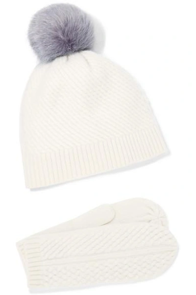 Shop Portolano Cashmere Mittens And Pompom-embellished Beanie Set In White