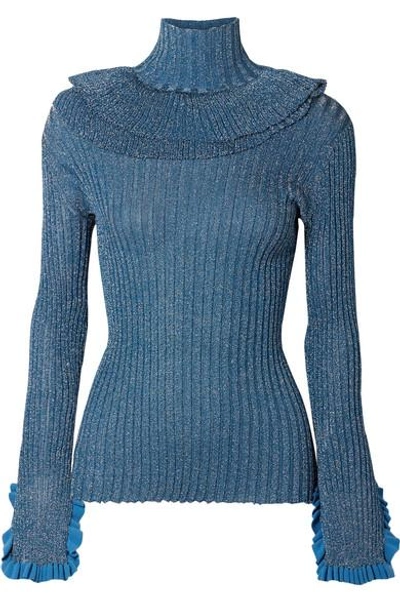 Shop Chloé Ruffled Metallic Ribbed-knit Silk-blend Turtleneck Sweater In Blue