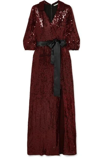 Shop Alice And Olivia Bayley Satin-trimmed Sequined Chiffon Maxi Dress In Burgundy