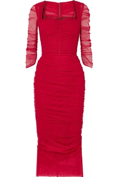 Shop Dolce & Gabbana Ruched Stretch-tulle Midi Dress In Red