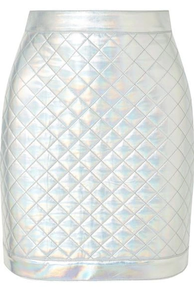 Shop Balmain Iridescent Quilted Faux Leather Mini Skirt In Silver