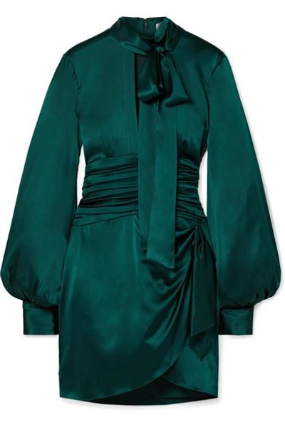 Shop Caroline Constas Lana Pussy-bow Stretch-silk Satin Mini Dress In Emerald