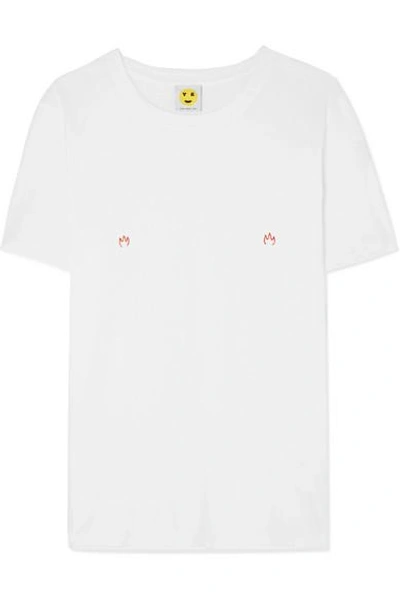 Shop Yeah Right Nyc Fire Embroidered Cotton-jersey T-shirt In White