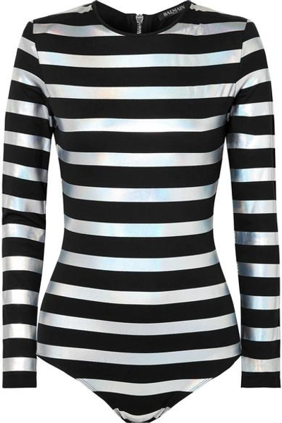 Shop Balmain Striped Iridescent Cotton-jersey Bodysuit In Black