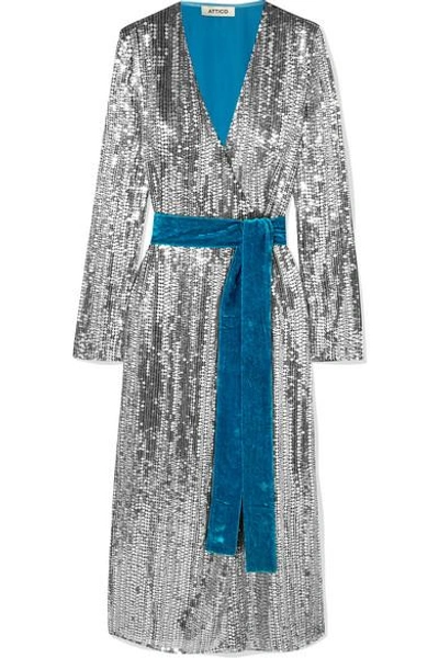 Shop Attico Wrap-effect Paneled Sequined Crepe And Velvet Midi Dress In Silver