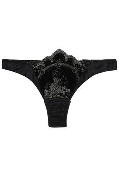 Shop I.d. Sarrieri Embroidered Velvet, Satin And Tulle Thong In Black