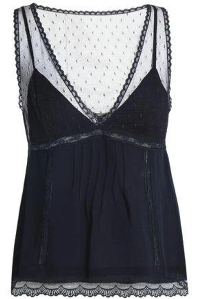 Shop Red Valentino Woman Lace-trimmed Point D'esprit And Silk-crepe Camisole Midnight Blue