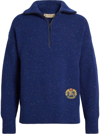 Shop Burberry Rib Knit Wool Cashmere Blend Half-zip Sweater - Blue
