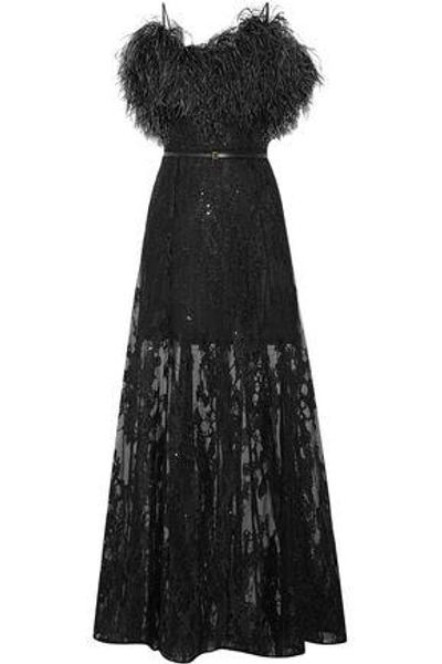 Shop Elie Saab Woman Feather-paneled Embellished Tulle Gown Black