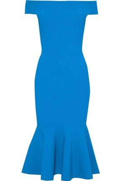 Shop Milly Woman Mermaid Off-the-shoulder Fluted Stretch-ponte Dress Azure