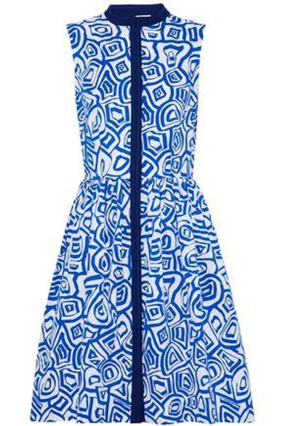 Shop Oscar De La Renta Woman Gathered Printed Stretch-cotton Poplin Dress Blue