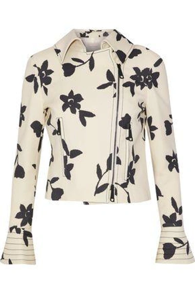 Shop Carolina Herrera Woman Floral-print Wool-twill Biker Jacket Cream