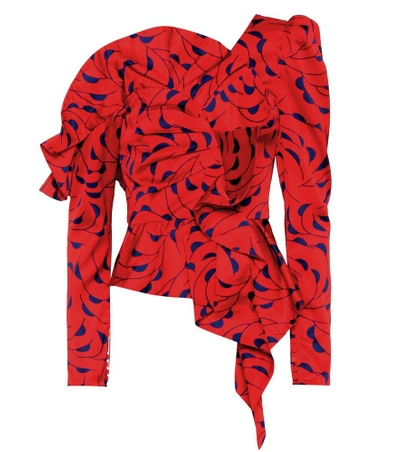 Shop Self-portrait Printed Satin One-shoulder Top In Red