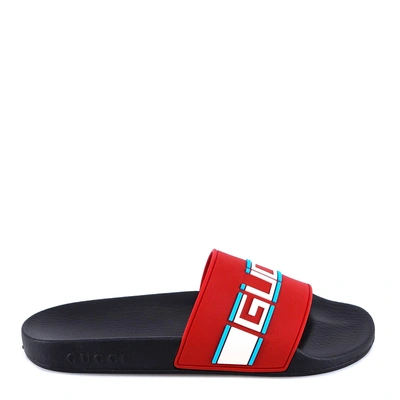Shop Gucci Logo Rubber Slides In Red
