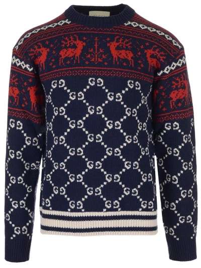 Shop Gucci Reindeer Gg Intarsia Knit Sweater In Blue
