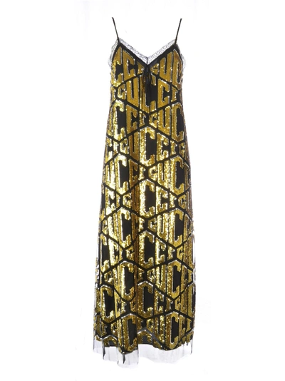 Shop Gucci Sequin Spagetti Strap Dress In Multi