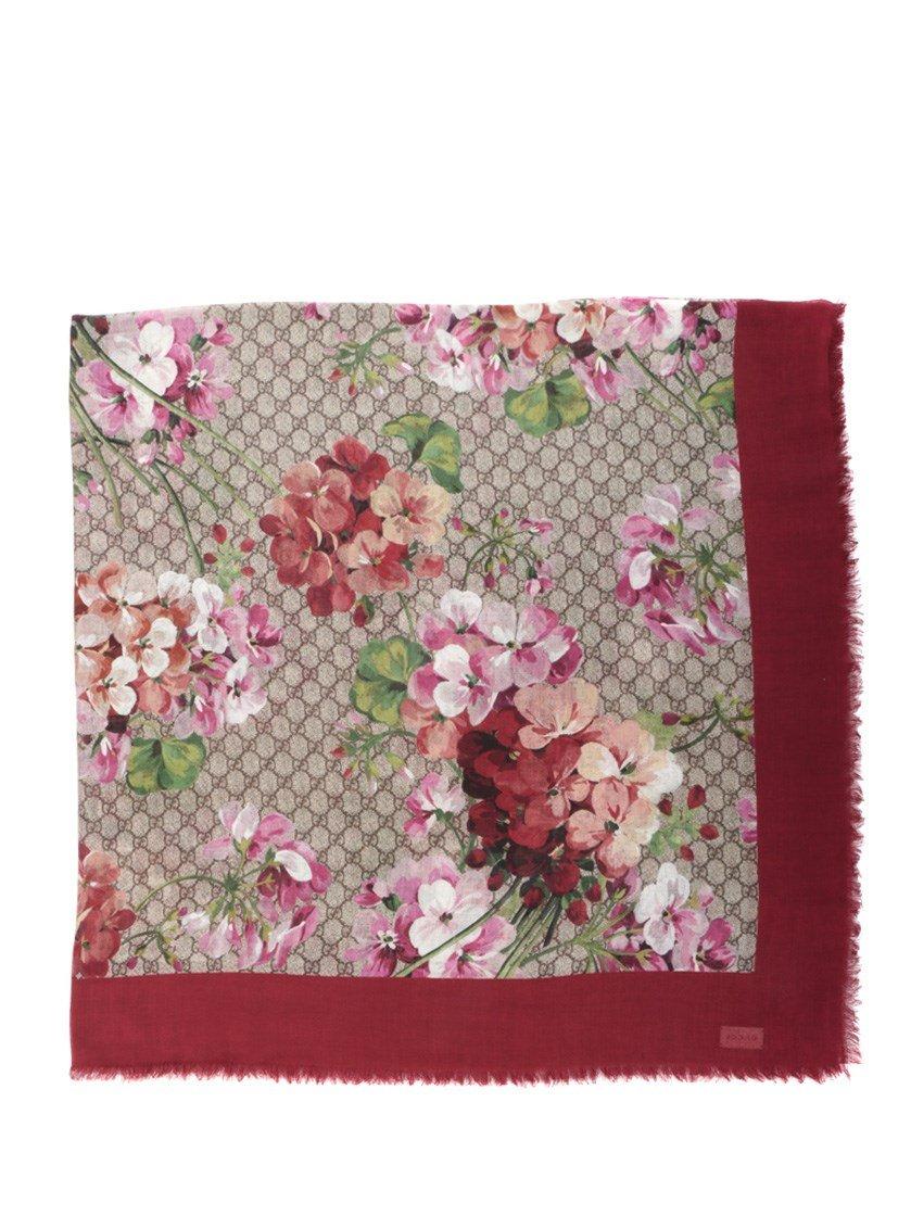 Gucci Gg Supreme Floral Print Scarf In Burgundy Modesens