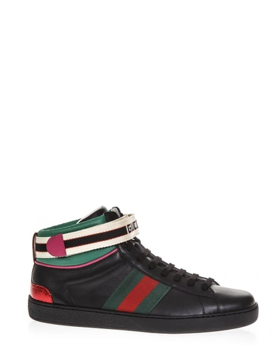 Shop Gucci Ace Web High Top Sneakers In Black