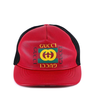 Shop Gucci Logo Leather Baseball Cap In Red