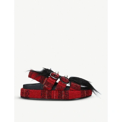 Shop Simone Rocha Checked Woven And Faux-fur Sandals In Red/other